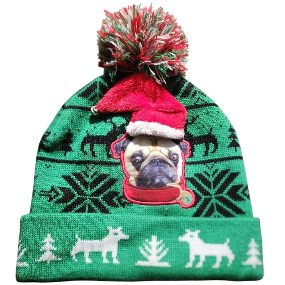 Christmas Dog Pug Beanie Ski Pom Pom Light Up Unisex Hat